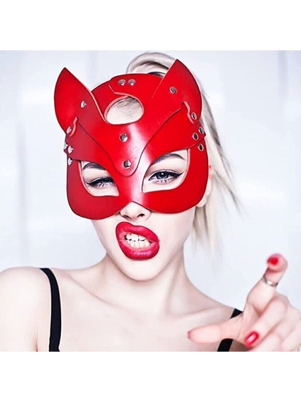 𝅺RED Leather Fetish Masquerade Face Mask Slave Bondage BDSM Costume Cosplay NWT